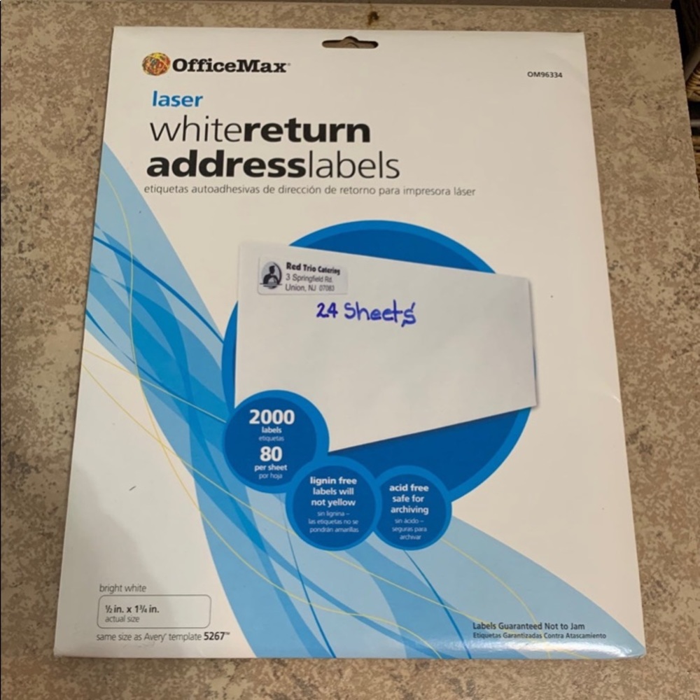 OfficeMax Laser White Return Address Labels 1/2" x 1-3/4" OM96334~1920 Labels.